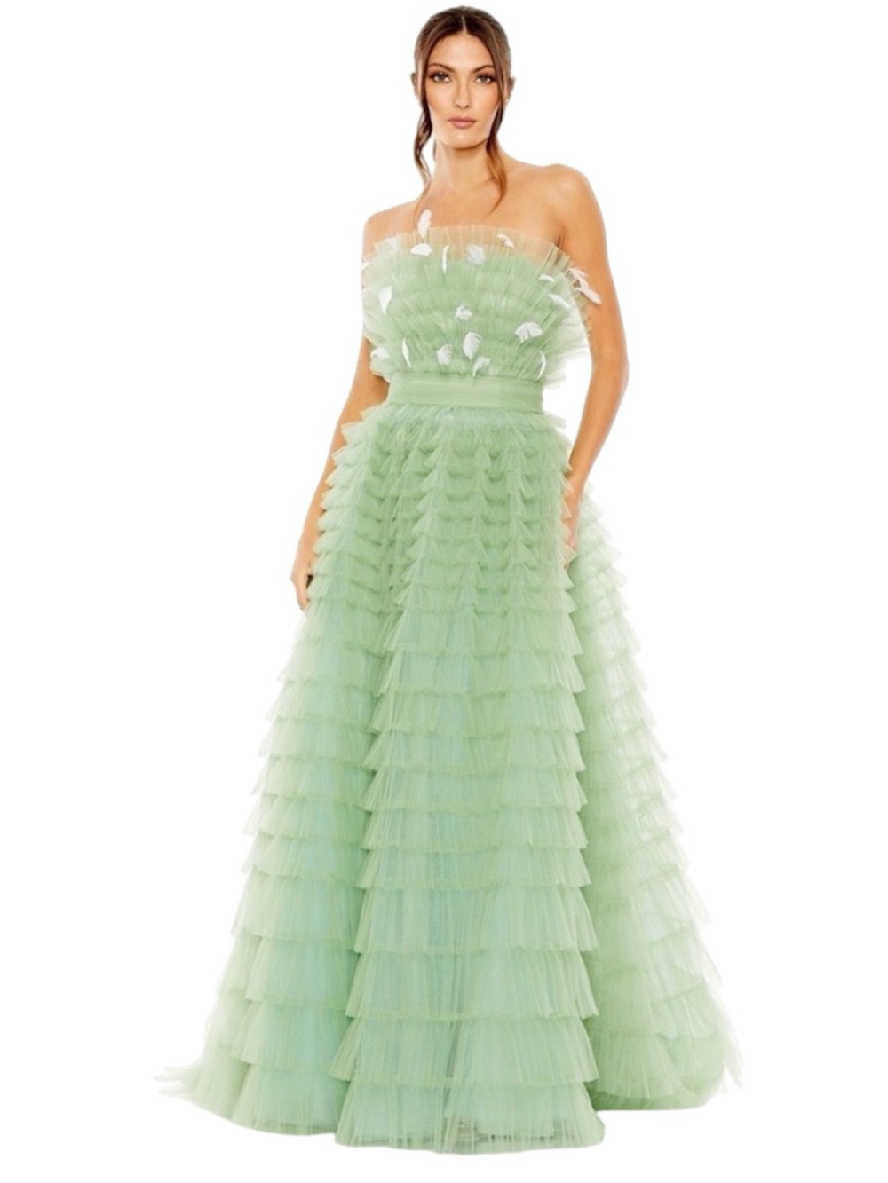 Mac Duggal Green Strapless Ruffle Gown with Feathers Size 6